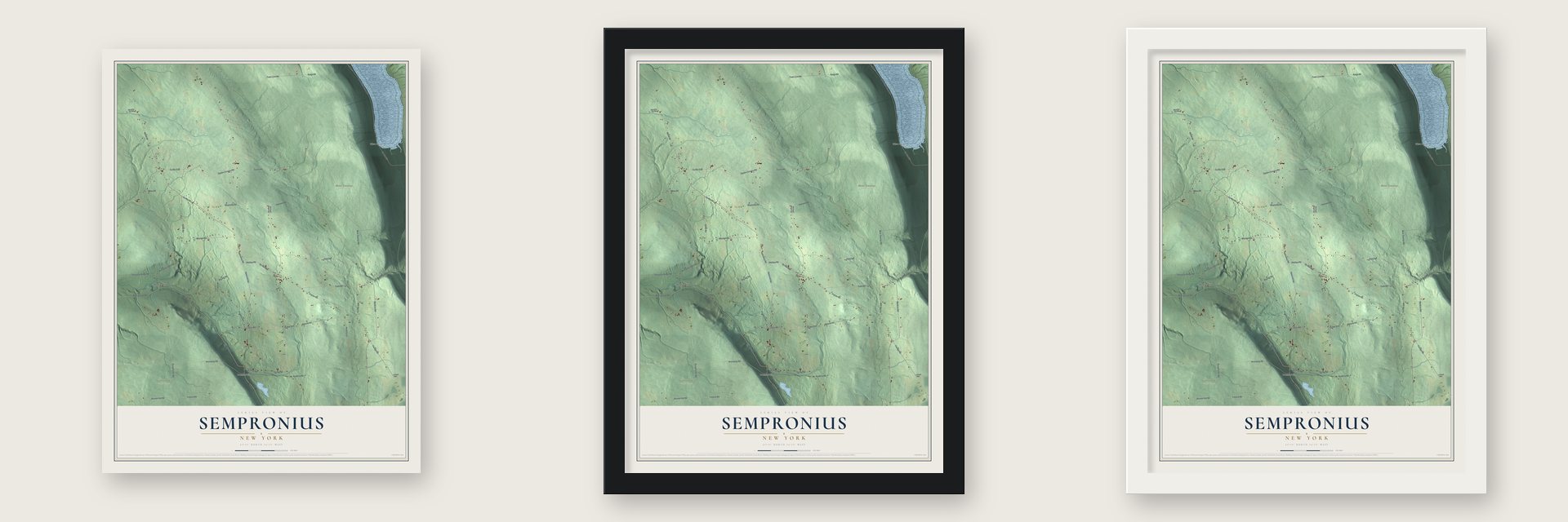 Sempronius, New York map unframed, in a black wood frame and in a white wood frame