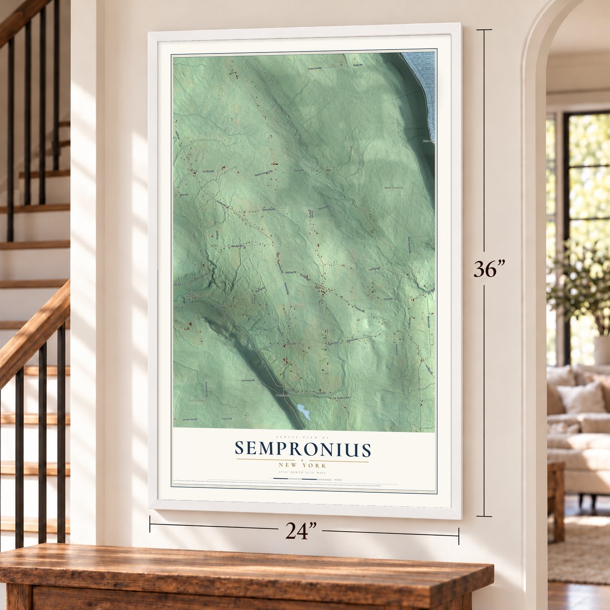 Sempronius, New York map, 24 x 36 inch print in a white frame by a staircase