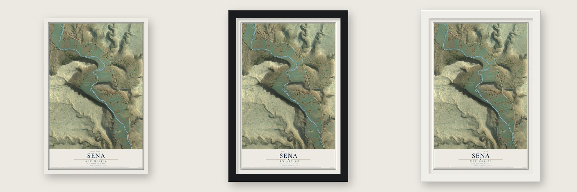 Sena, New Mexico map unframed, in a black wood frame and in a white wood frame