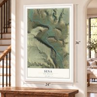 Sena, New Mexico map, 24 x 36 inch print in a white frame by a staircase