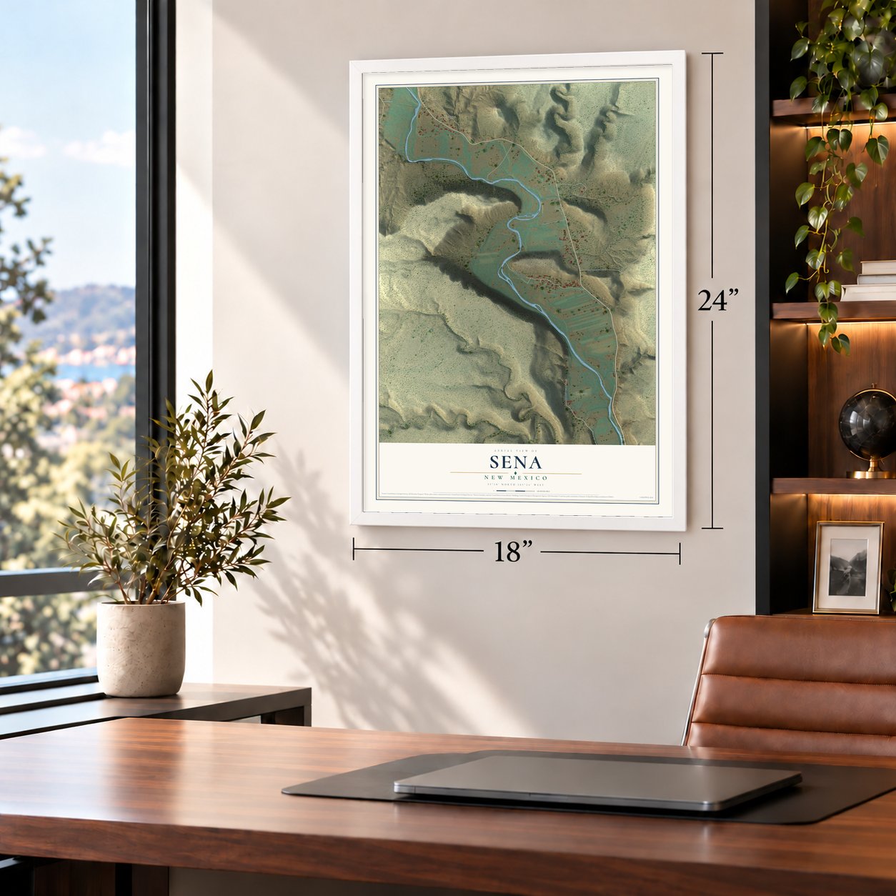 Sena, New Mexico map, 18 x 24 inch print in a white frame in a home office