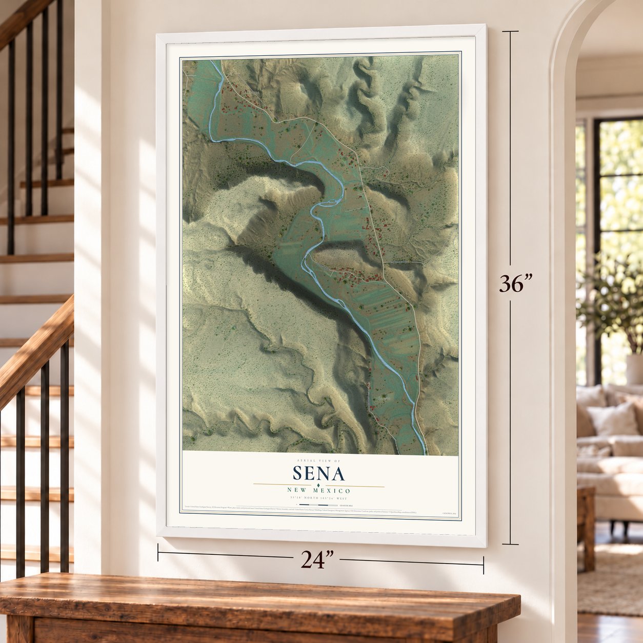 Sena, New Mexico map, 24 x 36 inch print in a white frame by a staircase