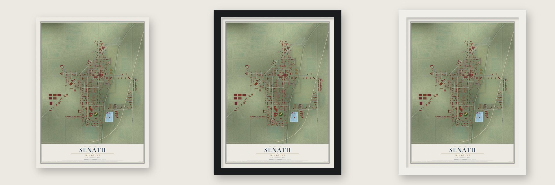 Senath, Missouri map unframed, in a black wood frame and in a white wood frame