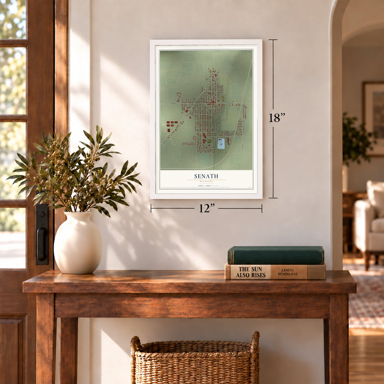 Senath, Missouri map, 12 x 18 inch print in a white frame in an entryway