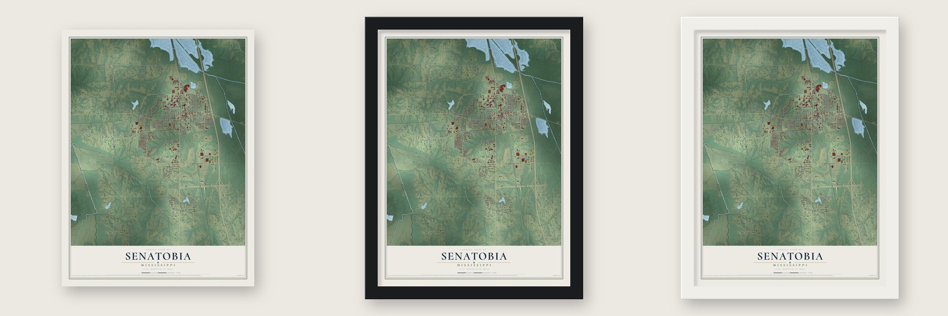Senatobia, Mississippi map unframed, in a black wood frame and in a white wood frame