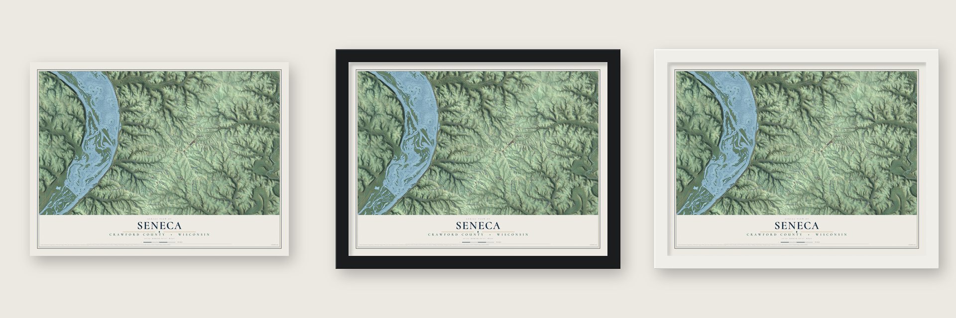 Seneca, Crawford County, Wisconsin map unframed, in a black wood frame and in a white wood frame