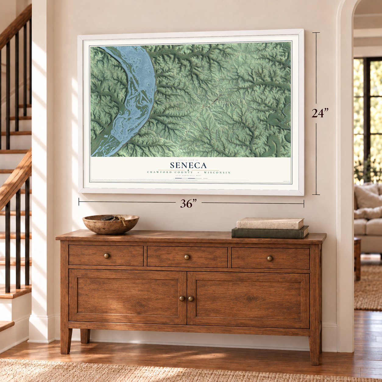 Seneca, Crawford County, Wisconsin map, 24 x 36 inch print in a white frame above a dresser by a staircase