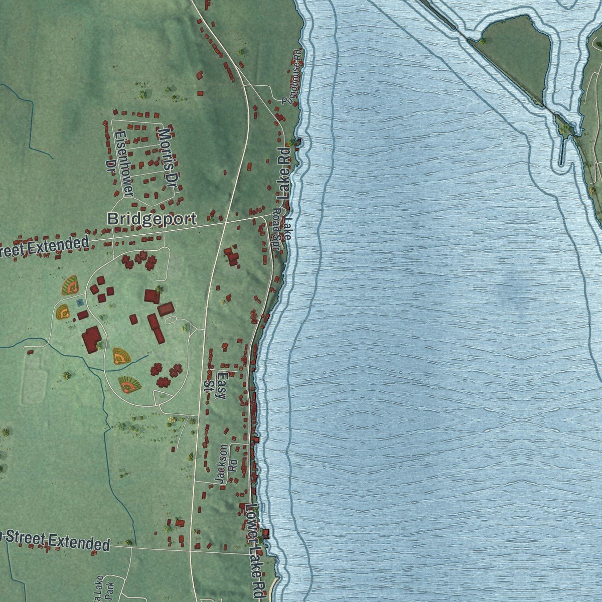 Second close-up of the map of Seneca Falls, New York print showing more streets and buildings