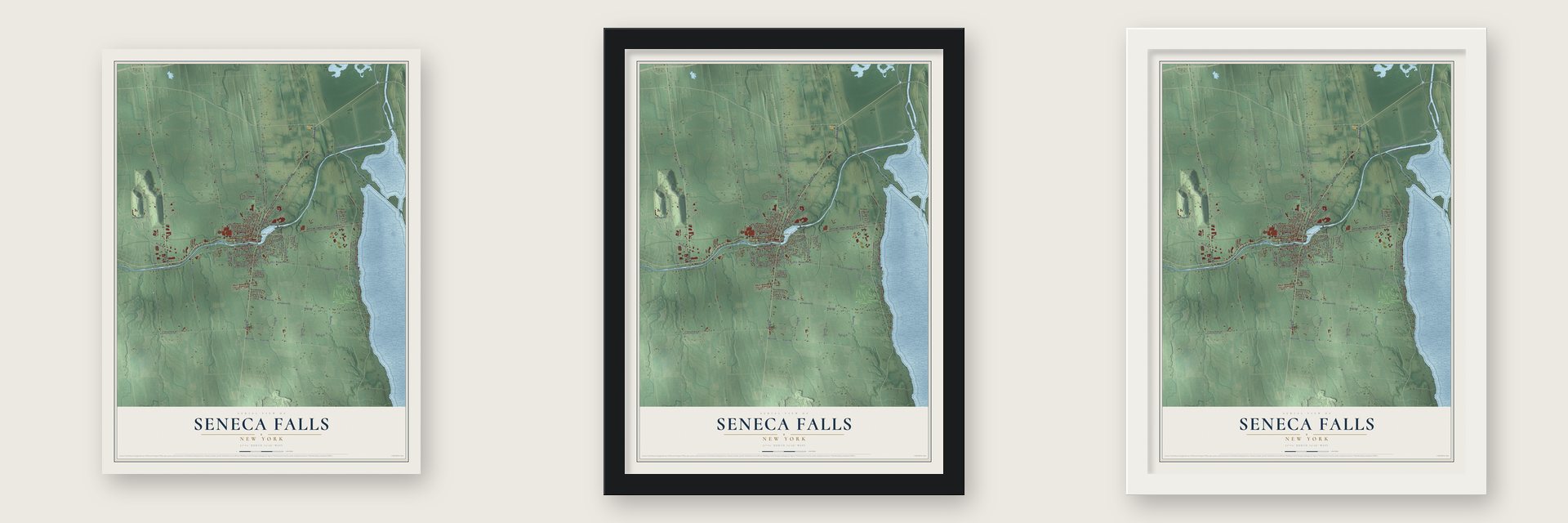 Seneca Falls, New York map unframed, in a black wood frame and in a white wood frame
