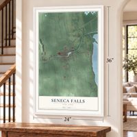 Seneca Falls, New York map, 24 x 36 inch print in a white frame by a staircase