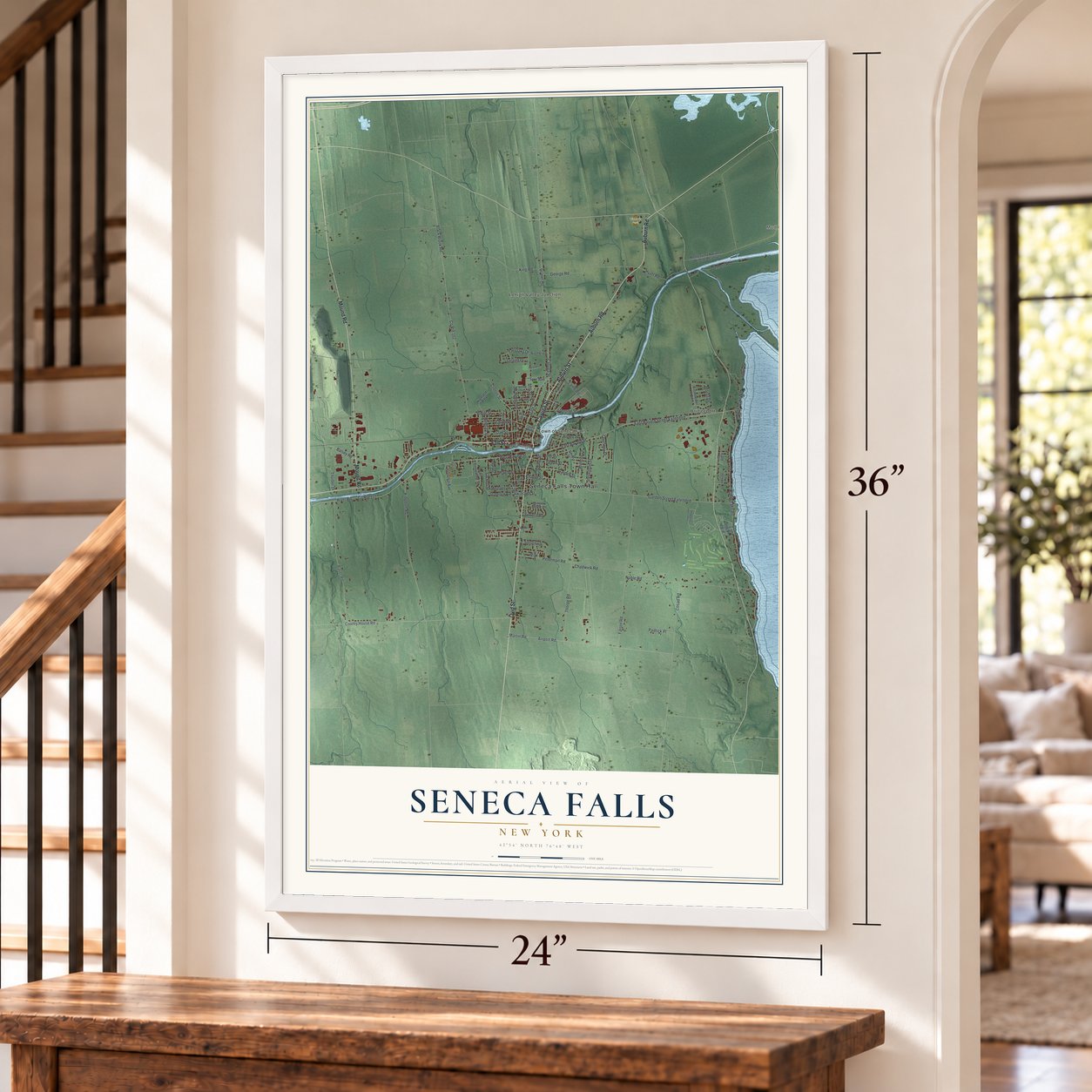 Seneca Falls, New York map, 24 x 36 inch print in a white frame by a staircase