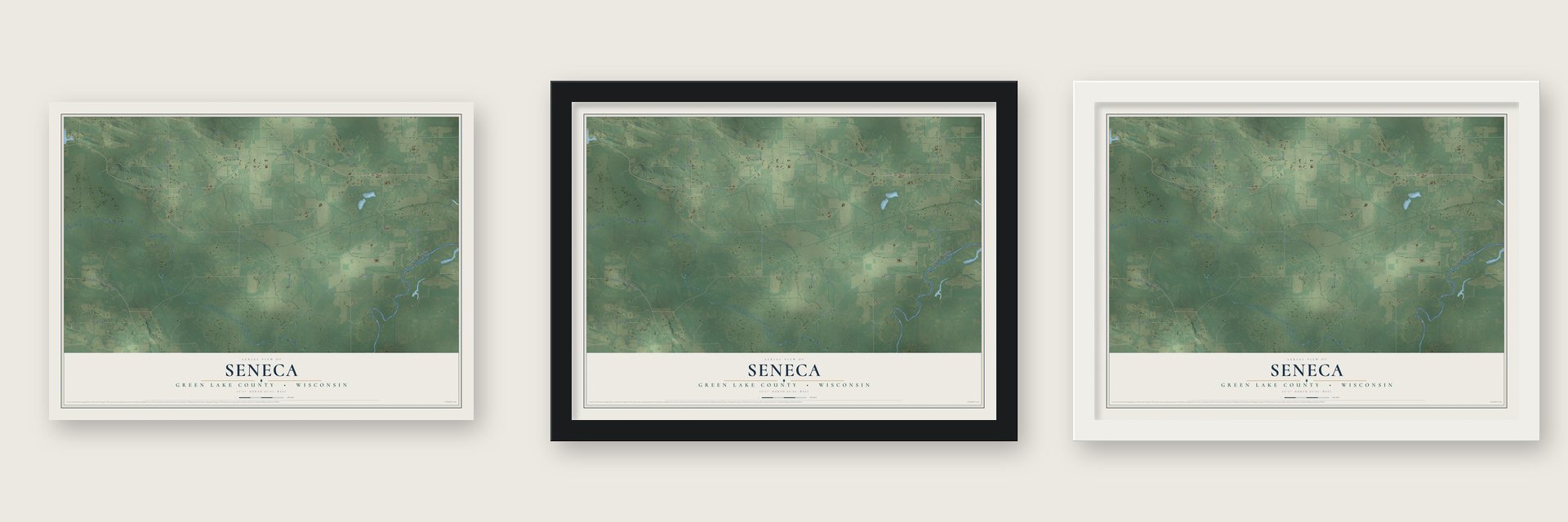 Seneca, Green Lake County, Wisconsin map unframed, in a black wood frame and in a white wood frame