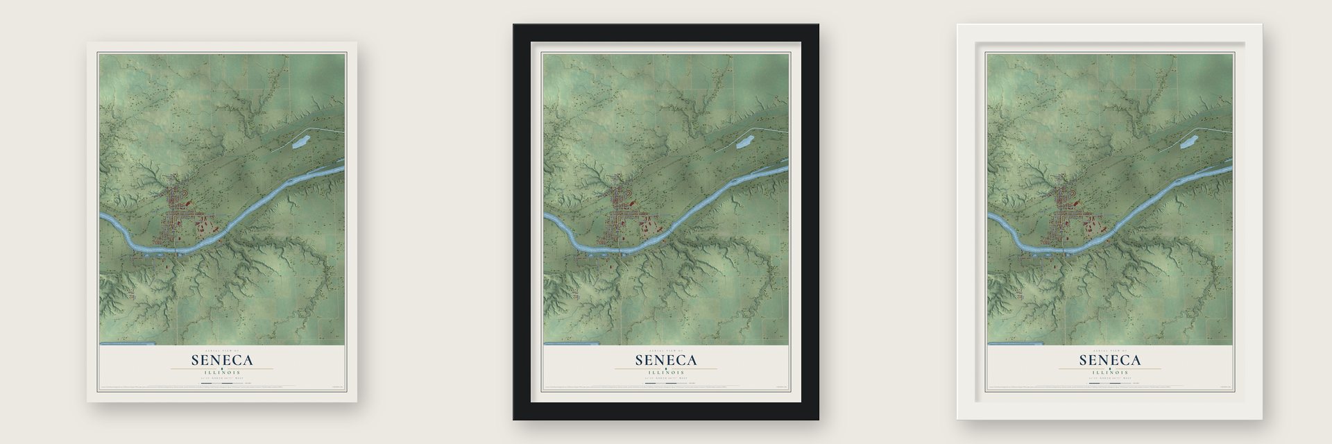 Seneca, Illinois map unframed, in a black wood frame and in a white wood frame