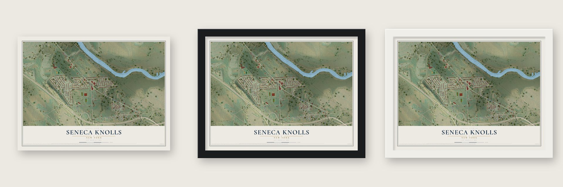 Seneca Knolls, New York map unframed, in a black wood frame and in a white wood frame