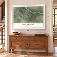 Seneca Knolls, New York map, 24 x 36 inch print in a white frame above a dresser by a staircase