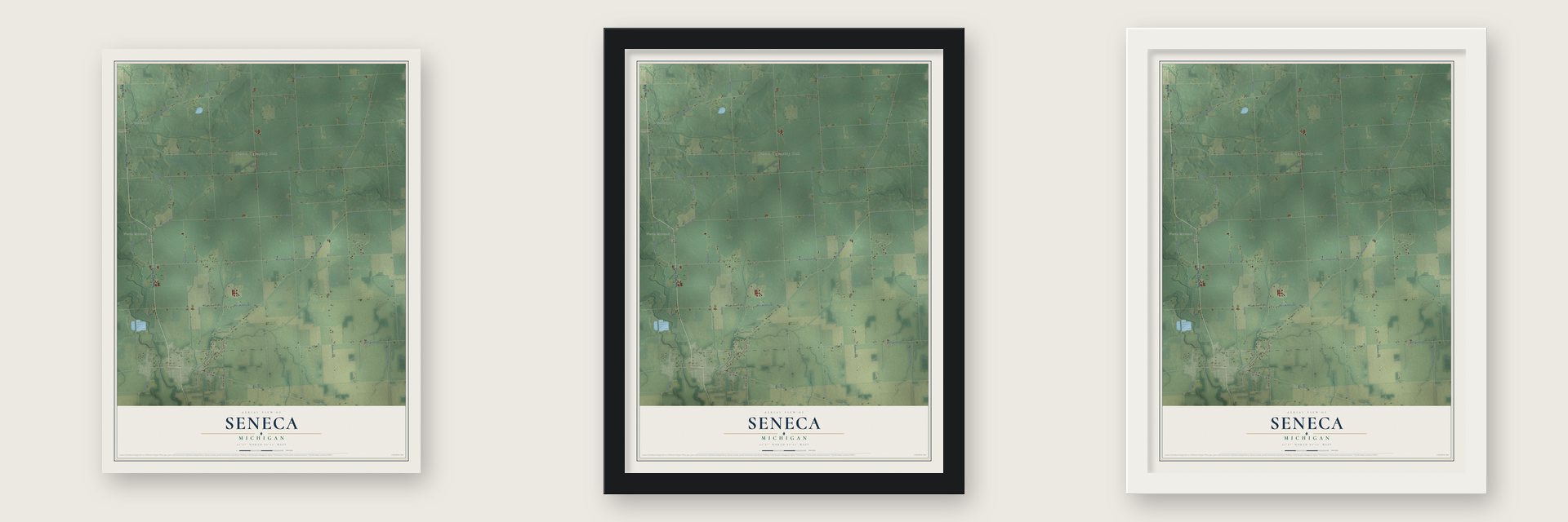 Seneca, Michigan map unframed, in a black wood frame and in a white wood frame