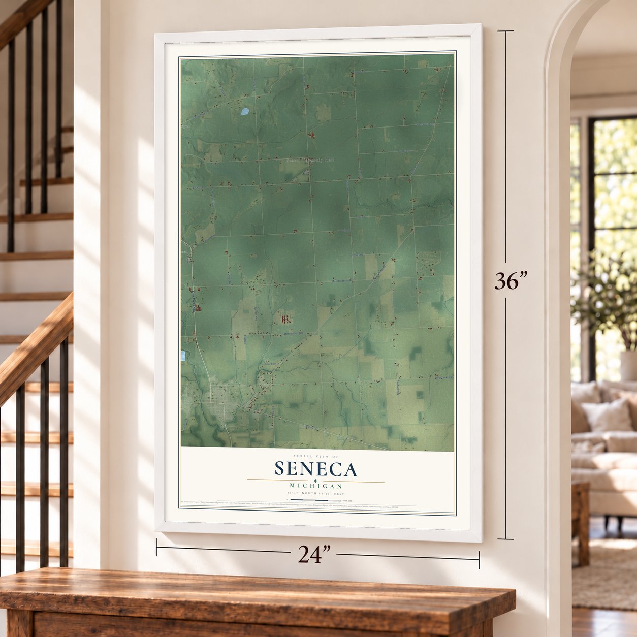 Seneca, Michigan map, 24 x 36 inch print in a white frame by a staircase