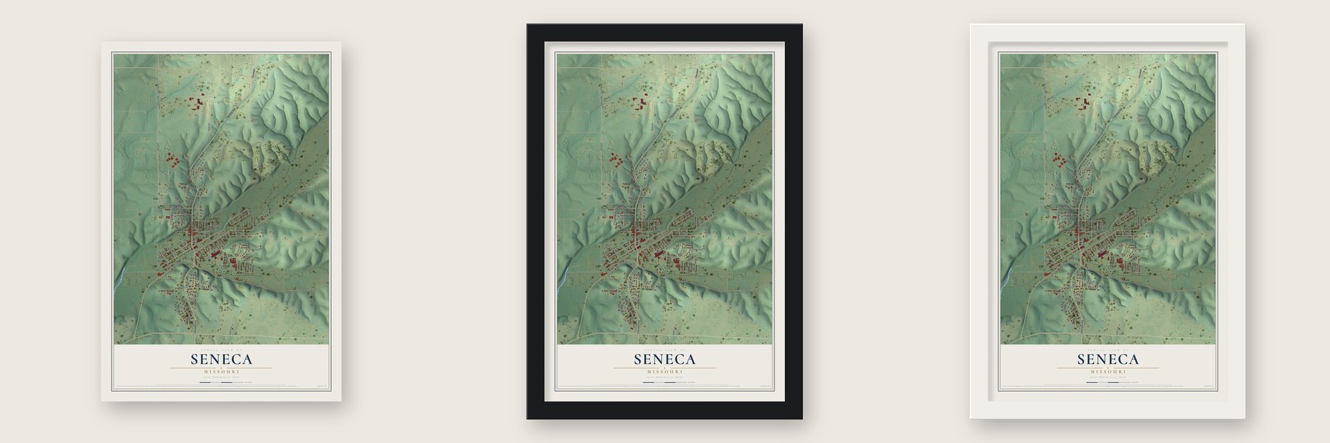 Seneca, Missouri map unframed, in a black wood frame and in a white wood frame