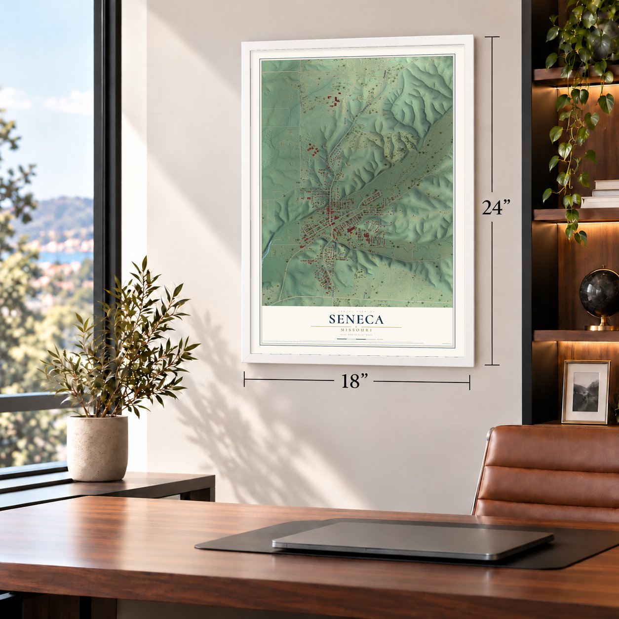 Seneca, Missouri map, 18 x 24 inch print in a white frame in a home office