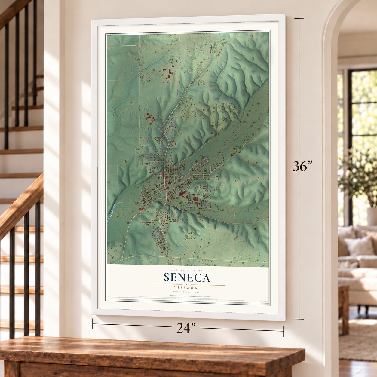 Seneca, Missouri map, 24 x 36 inch print in a white frame by a staircase