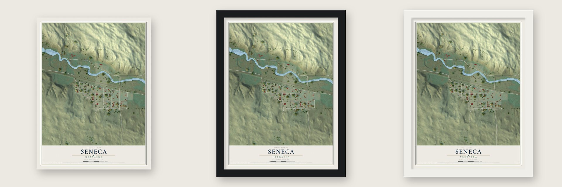 Seneca, Nebraska map unframed, in a black wood frame and in a white wood frame