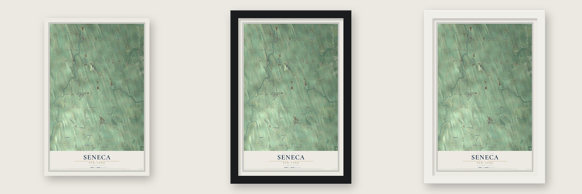 Seneca, New York map unframed, in a black wood frame and in a white wood frame