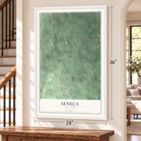 Seneca, New York map, 24 x 36 inch print in a white frame by a staircase