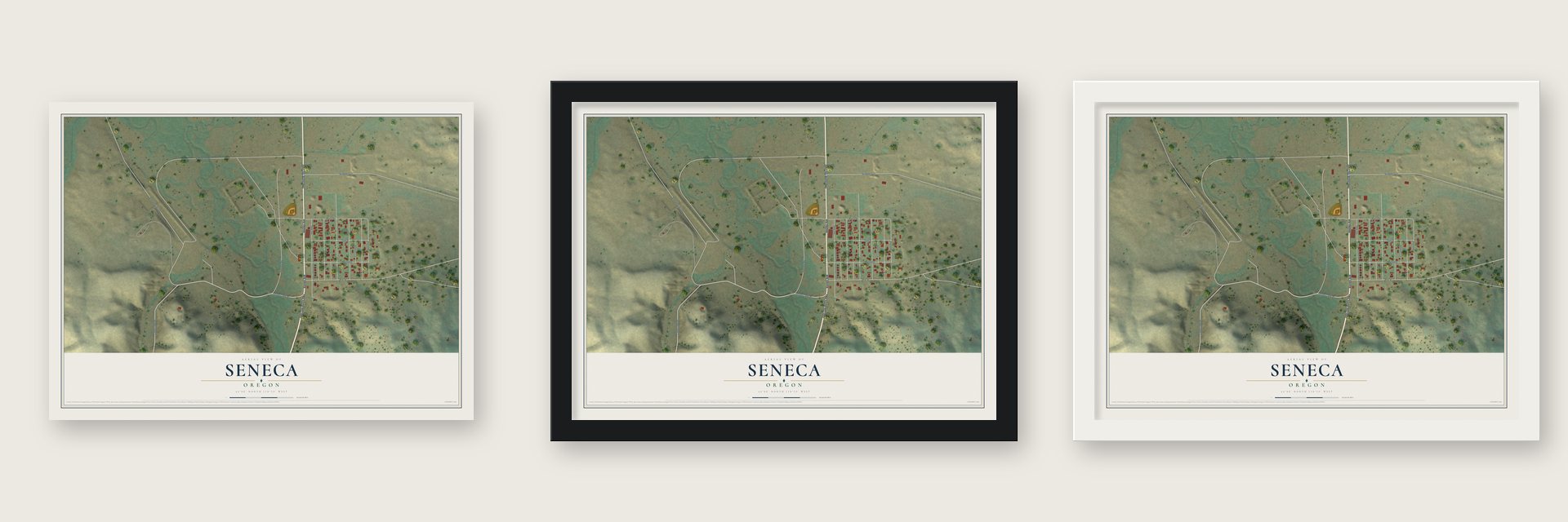 Seneca, Oregon map unframed, in a black wood frame and in a white wood frame