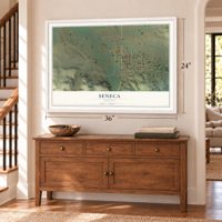 Seneca, Oregon map, 24 x 36 inch print in a white frame above a dresser by a staircase