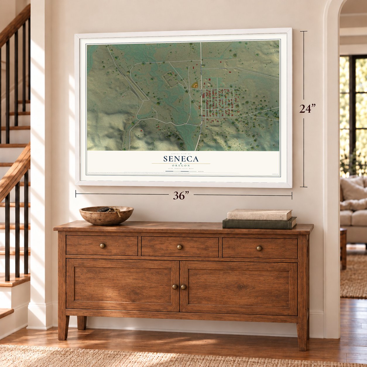 Seneca, Oregon map, 24 x 36 inch print in a white frame above a dresser by a staircase