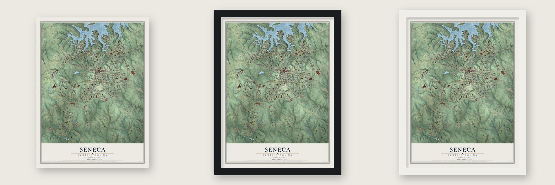 Seneca, South Carolina map unframed, in a black wood frame and in a white wood frame