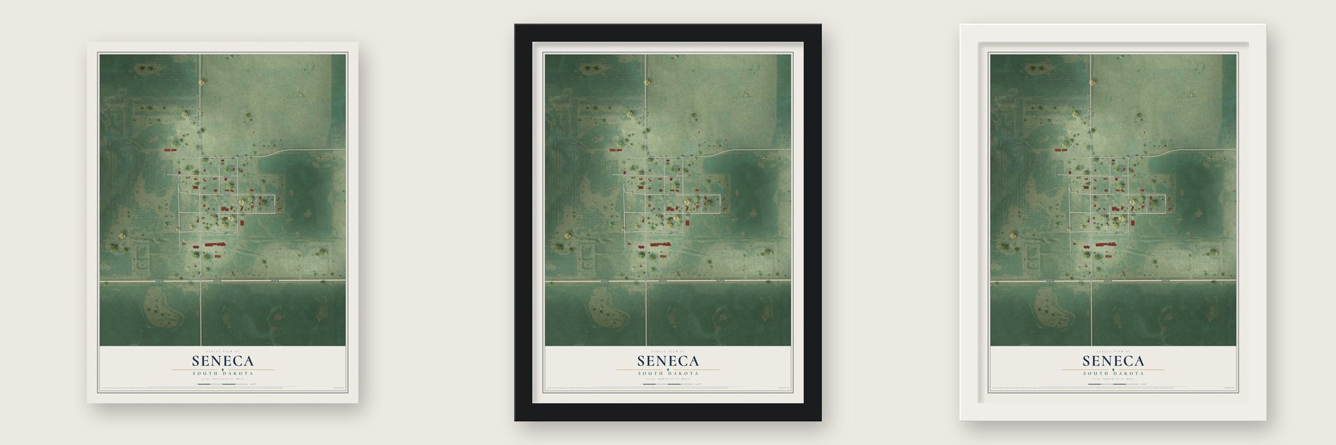Seneca, South Dakota map unframed, in a black wood frame and in a white wood frame