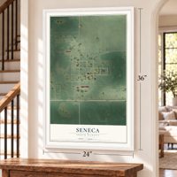 Seneca, South Dakota map, 24 x 36 inch print in a white frame by a staircase