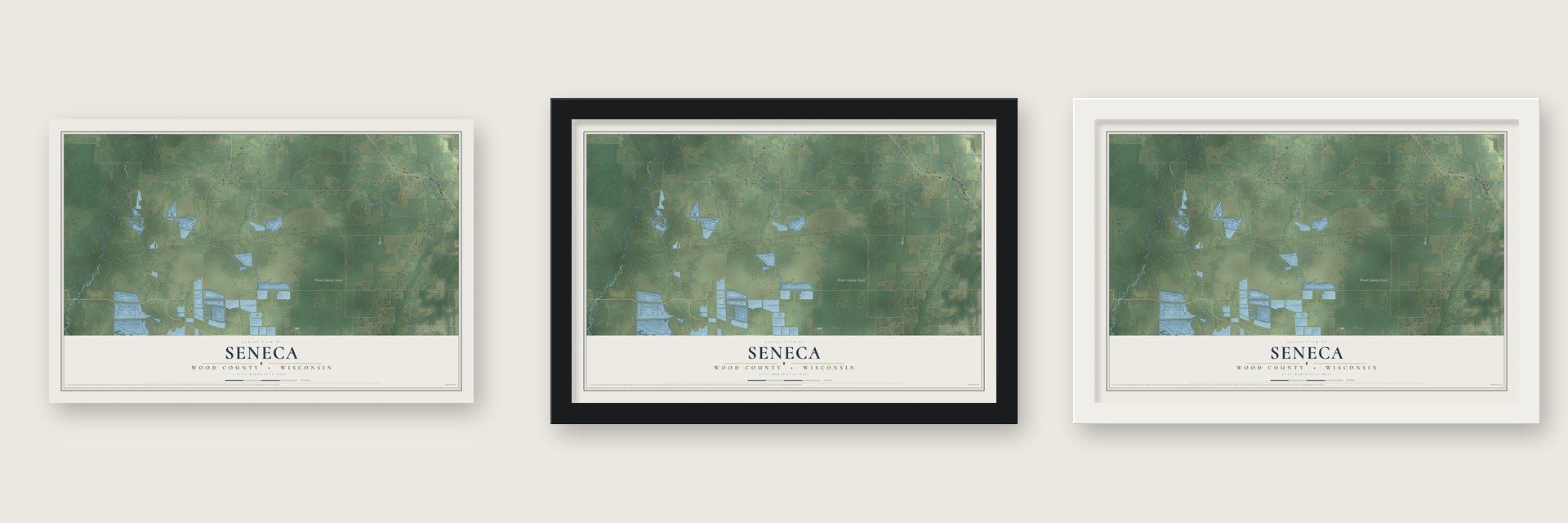 Seneca, Wood County, Wisconsin map unframed, in a black wood frame and in a white wood frame