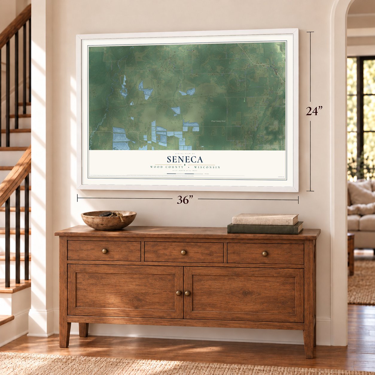 Seneca, Wood County, Wisconsin map, 24 x 36 inch print in a white frame above a dresser by a staircase