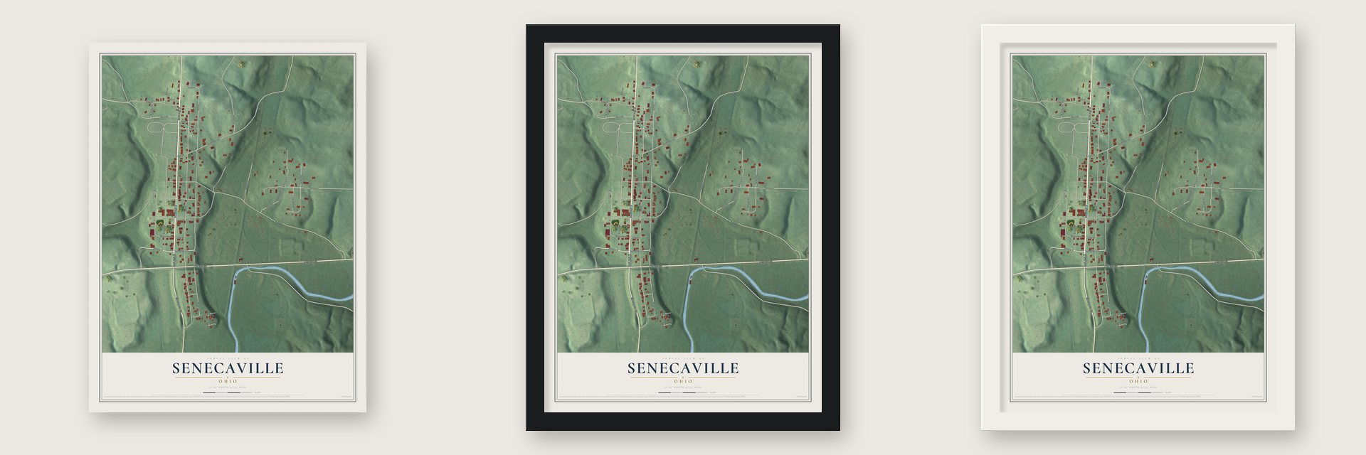 Senecaville, Ohio map unframed, in a black wood frame and in a white wood frame