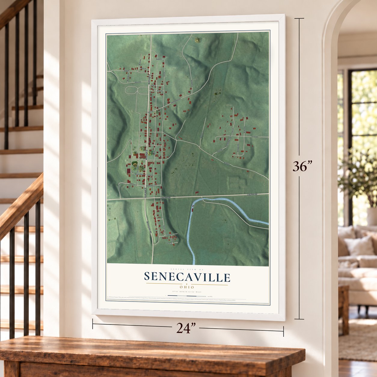 Senecaville, Ohio map, 24 x 36 inch print in a white frame by a staircase