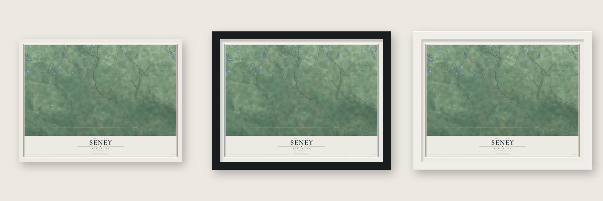 Seney, Michigan map unframed, in a black wood frame and in a white wood frame