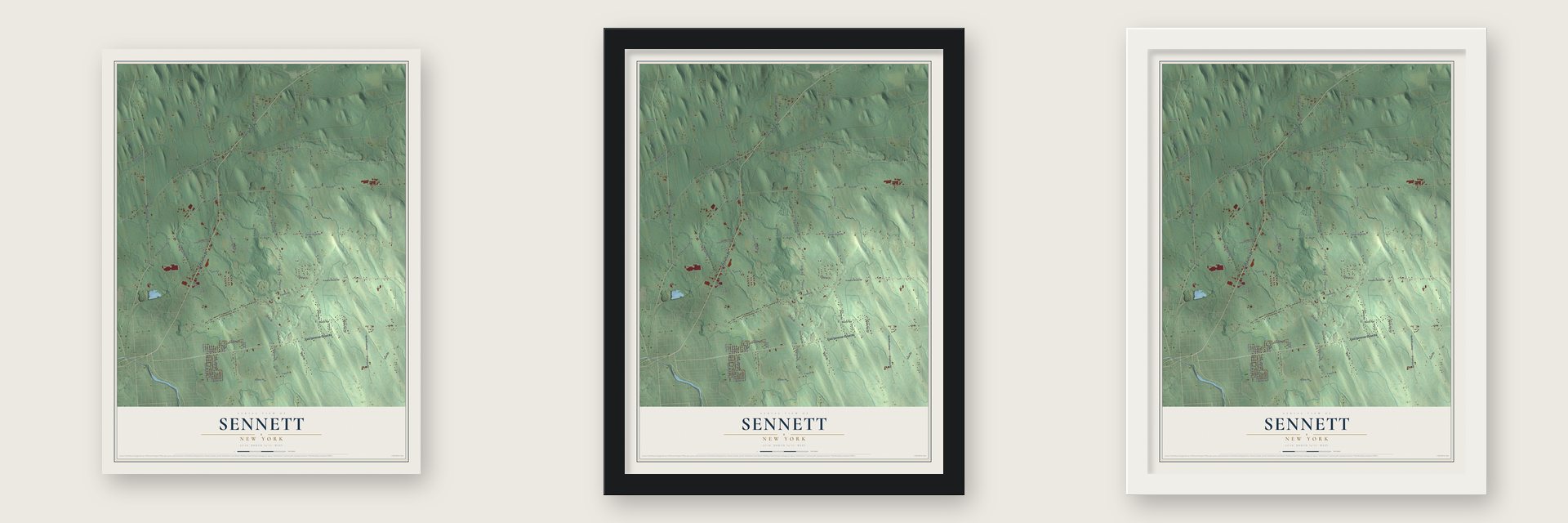 Sennett, New York map unframed, in a black wood frame and in a white wood frame