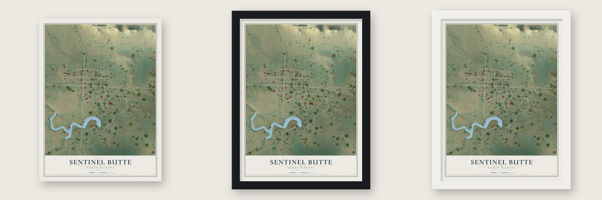 Sentinel Butte, North Dakota map unframed, in a black wood frame and in a white wood frame