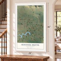 Sentinel Butte, North Dakota map, 24 x 36 inch print in a white frame by a staircase