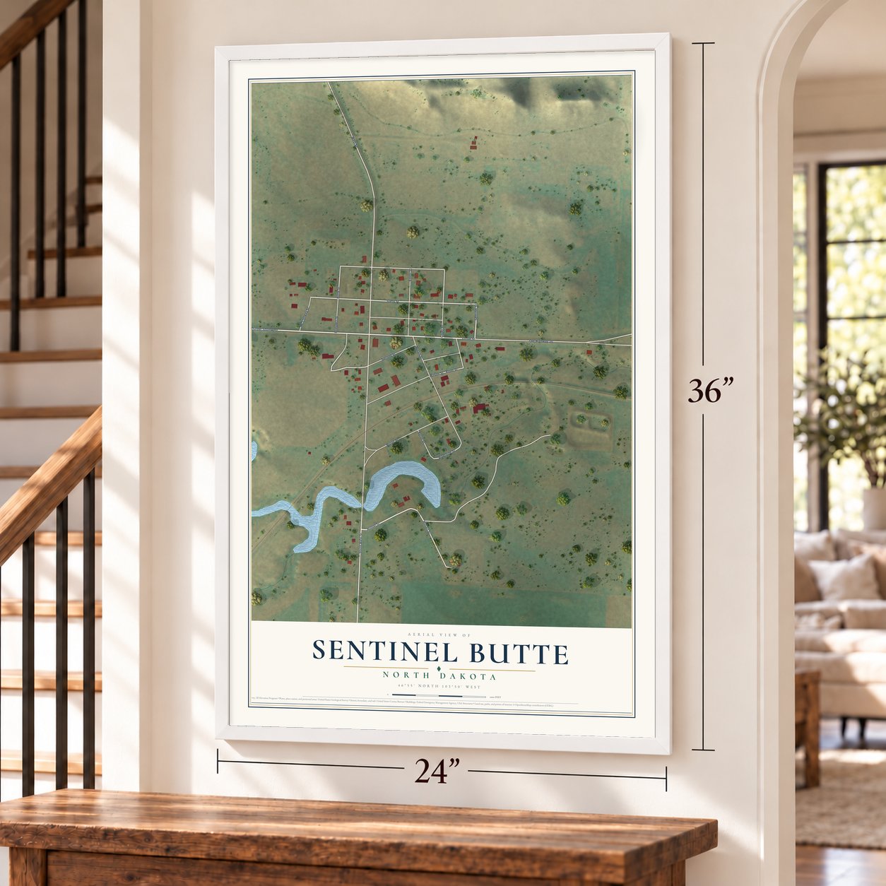 Sentinel Butte, North Dakota map, 24 x 36 inch print in a white frame by a staircase