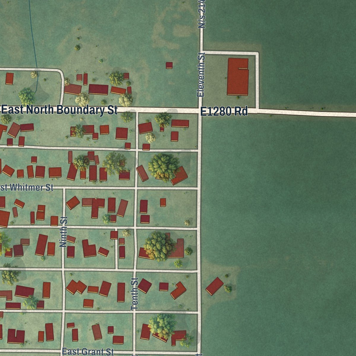 Second close-up of the map of Sentinel, Oklahoma print showing more streets and buildings
