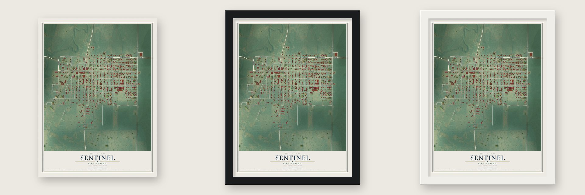 Sentinel, Oklahoma map unframed, in a black wood frame and in a white wood frame