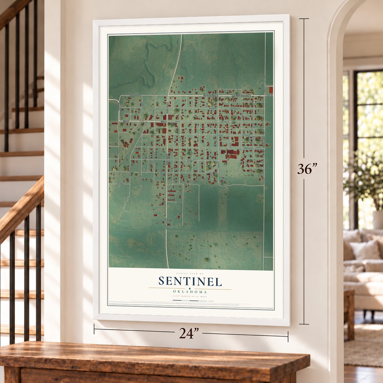 Sentinel, Oklahoma map, 24 x 36 inch print in a white frame by a staircase