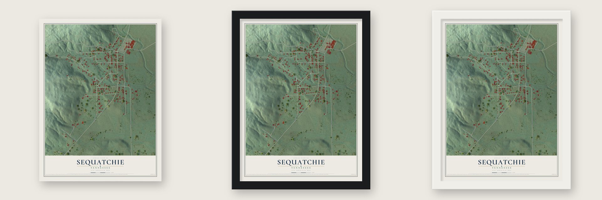 Sequatchie, Tennessee map unframed, in a black wood frame and in a white wood frame
