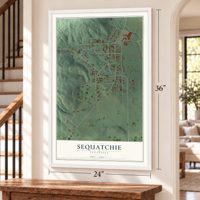 Sequatchie, Tennessee map, 24 x 36 inch print in a white frame by a staircase