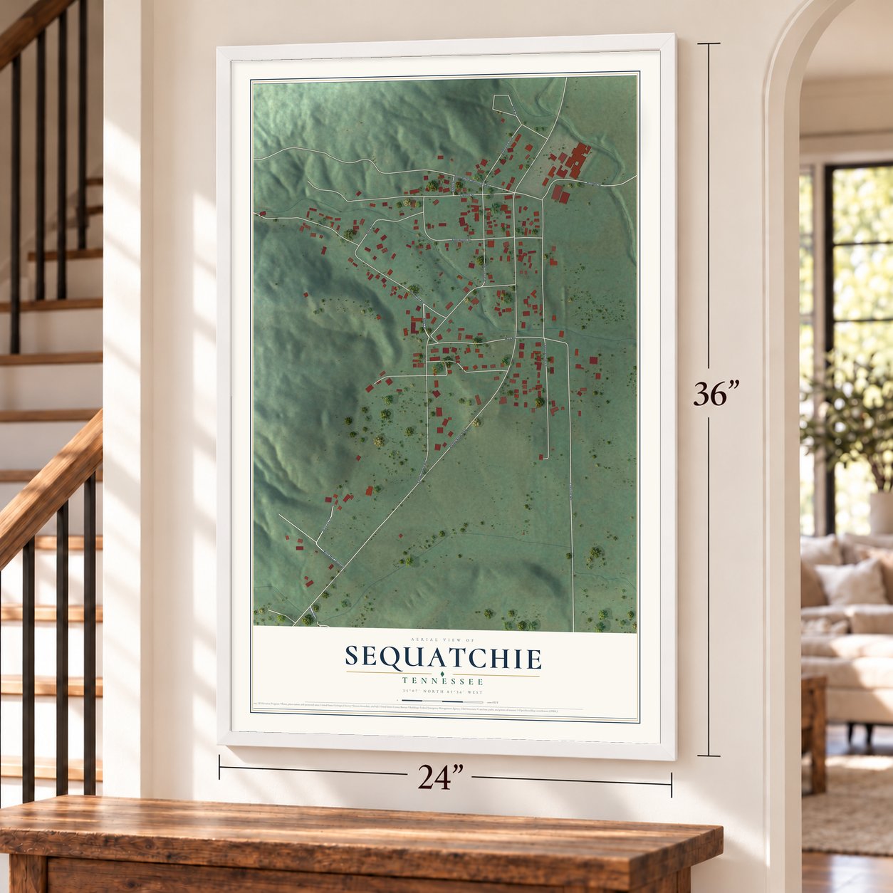 Sequatchie, Tennessee map, 24 x 36 inch print in a white frame by a staircase