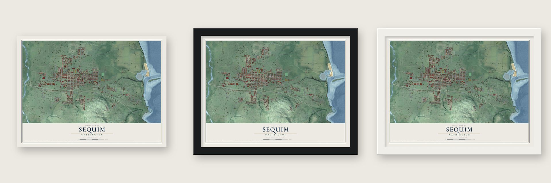 Sequim, Washington map unframed, in a black wood frame and in a white wood frame
