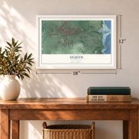 Sequim, Washington map, 12 x 18 inch print in a white frame in an entryway